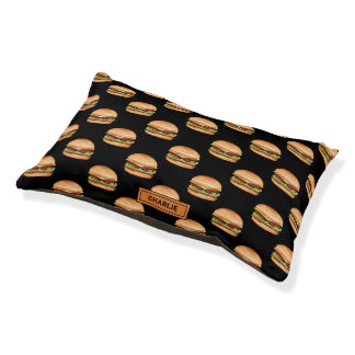 Hamburger Fast Food Pattern On Black With Name Pet Bed