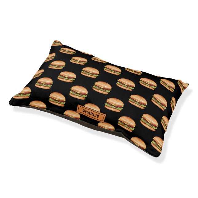 Hamburger Fast Food Pattern On Black With Name Pet Bed (Angled)