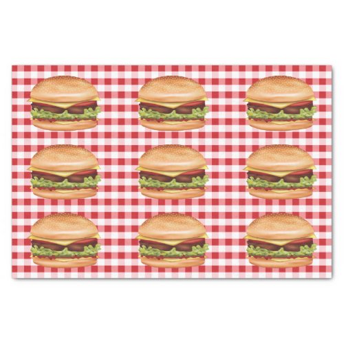 Hamburger Fast Foods On Red Gingham Pattern Tissue Paper