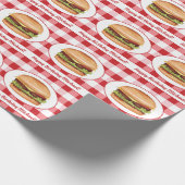 Hamburger Food On Red Gingham And Custom Text Wrapping Paper (Corner)