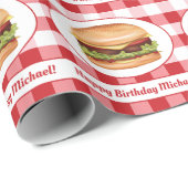 Hamburger Food On Red Gingham And Custom Text Wrapping Paper (Roll Corner)