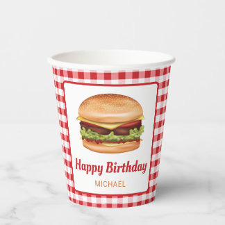 Hamburger Food On Red Gingham Happy Birthday Paper Cups