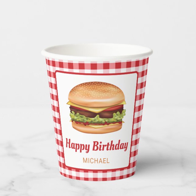 Hamburger Food On Red Gingham Happy Birthday Paper Cups (Front)