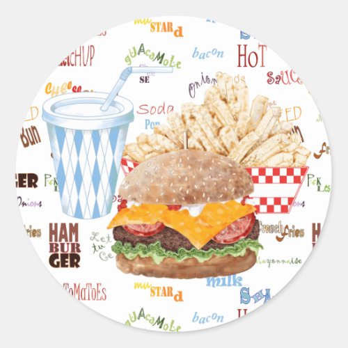 Hamburger Fries Fast Food BBQ Diner Classic Round Sticker