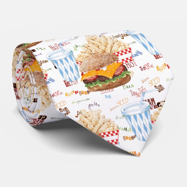 Hamburger Fries Fast Food BBQ Diner Neck Tie (Rolled)