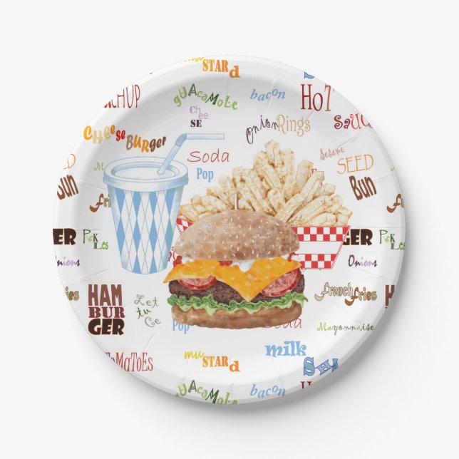 Hamburger Fries Fast Food BBQ Diner Paper Plates (Front)