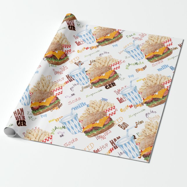 Hamburger Fries Fast Food BBQ Diner Wrapping Paper (Unrolled)