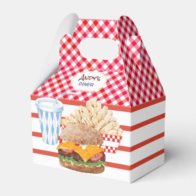 Hamburger Fries Fast Food BBQ Gingham Diner Favor Boxes (Front Side)