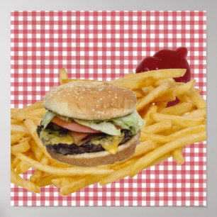 Hamburger, Fries, Red White Checkered Background Poster