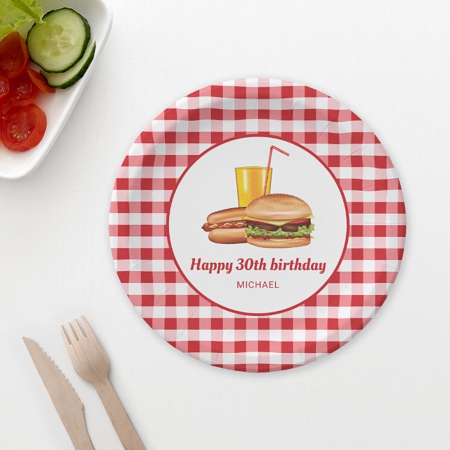 Hamburger Hot Dog And Drink Red Gingham Birthday Paper Plates (Ideal for birthday parties, backyard barbecues, family reunions or picnics, for example.)