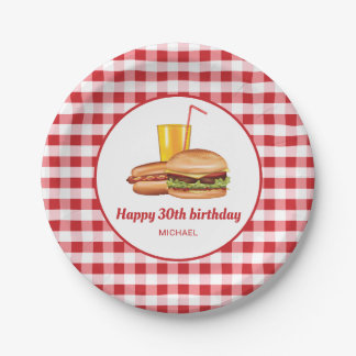 Hamburger Hot Dog And Drink Red Gingham Birthday Paper Plates