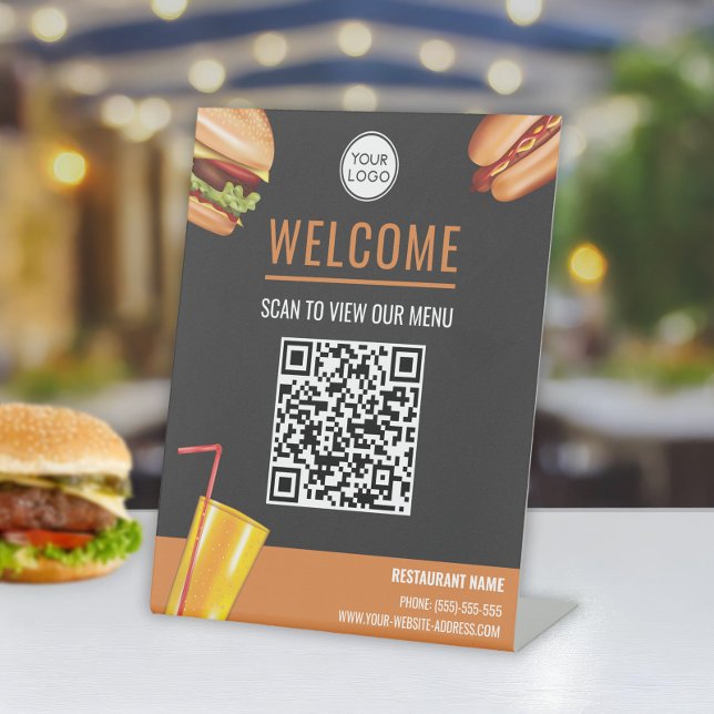 Hamburger Hot Dog Food Scan For Menu QR Code Pedestal Sign