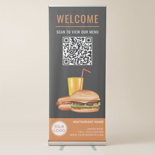 Hamburger Hot Dog Restaurant Scan QR Code For Menu Retractable Banner (Front)