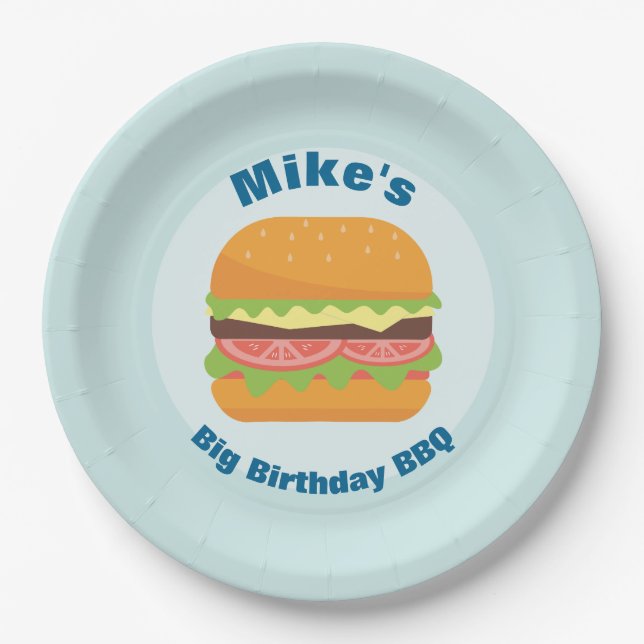 Hamburger Illustration Birthday BBQ Paper Plates (Front)