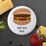 Hamburger in Bun Image - Add Your Text Pinback Button<br><div class="desc">Customize this cartoon-style hamburger graphic. Shows a juicy burger in a bread bun,  with melting cheese and salad filling. Personalize with a name,  business brand or humorous slogan.</div>