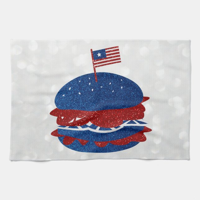 Hamburger July 4th Glitter Kitchen Towel (Horizontal)