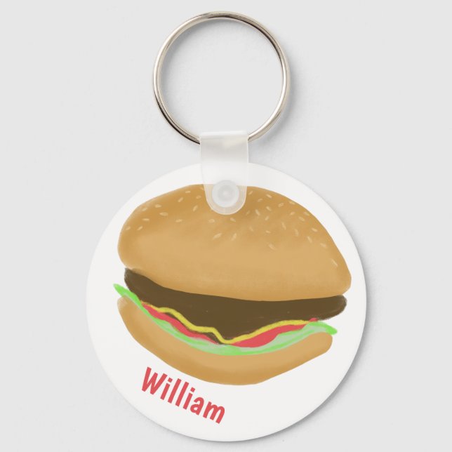 Hamburger Lovers Fun Yummy CUSTOM NAME Keychain (Front)