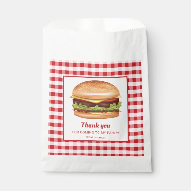 Hamburger On Red Gingham Birthday Thank You Favor Bag (Front)