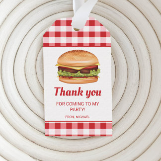 Hamburger On Red Gingham Birthday Thank You Gift Tags