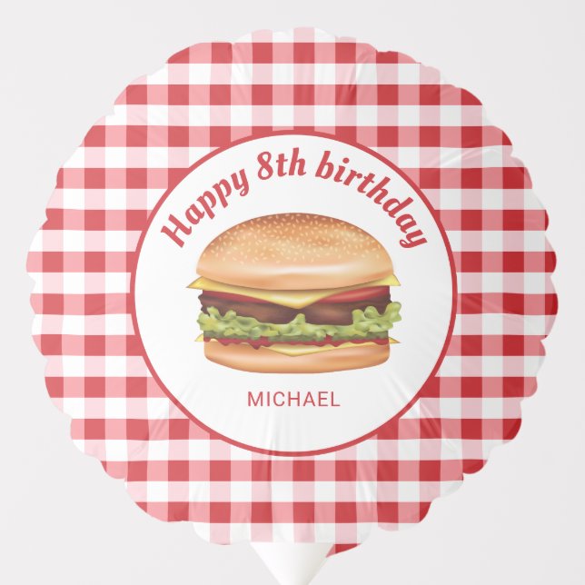 Hamburger On Red Gingham Pattern Happy Birthday Balloon (Front)