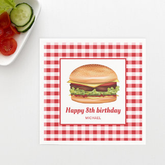Hamburger On Red Gingham Pattern Happy Birthday Napkins