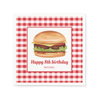 Hamburger On Red Gingham Pattern Happy Birthday Napkins