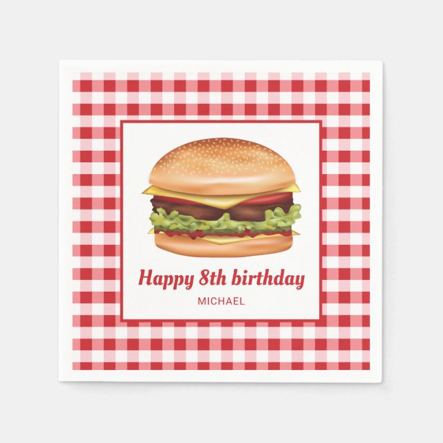 Hamburger On Red Gingham Pattern Happy Birthday Napkins (Front)