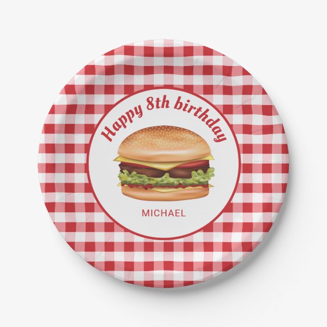 Hamburger On Red Gingham Pattern Happy Birthday Paper Plates (Front)