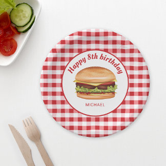 Hamburger On Red Gingham Pattern Happy Birthday Paper Plates