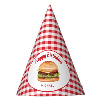 Hamburger On Red Gingham Pattern Happy Birthday Party Hat