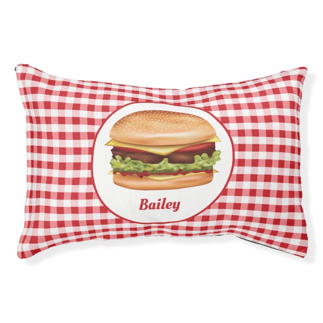 Hamburger On Red Gingham With Custom Name Pet Bed (Front)