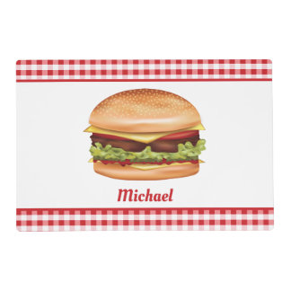 Hamburger On Red Gingham With Custom Name Placemat