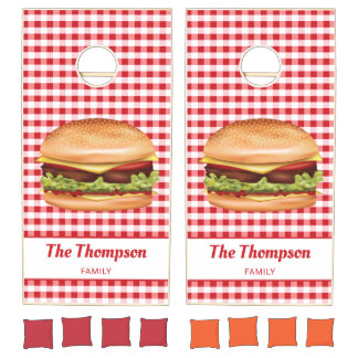 Hamburger On Red Gingham With Custom Text Cornhole Set