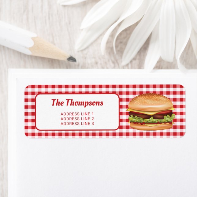 Hamburger On Red Gingham With Custom Text Label (Insitu)