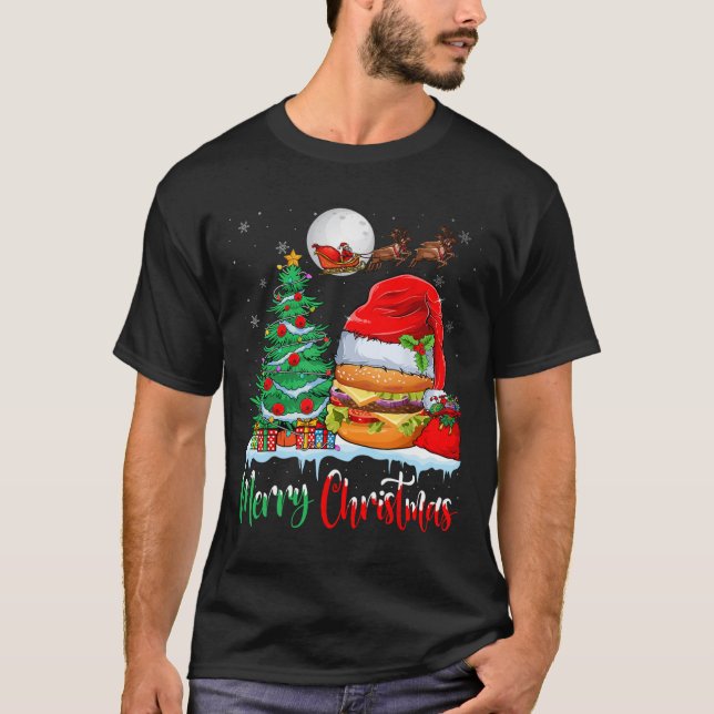Hamburger Wearing Santa Hat Xmas - Merry Christmas T-Shirt (Front)
