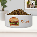 Hamburger With Cheese Illustration And Custom Name Bowl<br><div class="desc">Destei's illustration of a hamburger that has a sesame seed bun that is filled with cheese,  lettuce,  beef,  tomato,  ketchup and pickles. Next to the burger design there is a personalizable text area for a name or other custom text.</div>