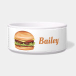 Hamburger With Cheese Illustration And Custom Name Bowl<br><div class="desc">Destei's cartoon illustration of a hamburger that has a sesame seed bun that is filled with cheese,  lettuce,  beef,  tomato,  ketchup and pickles. Next to the burger design there is a personalizable text area for a name or other custom text.</div>