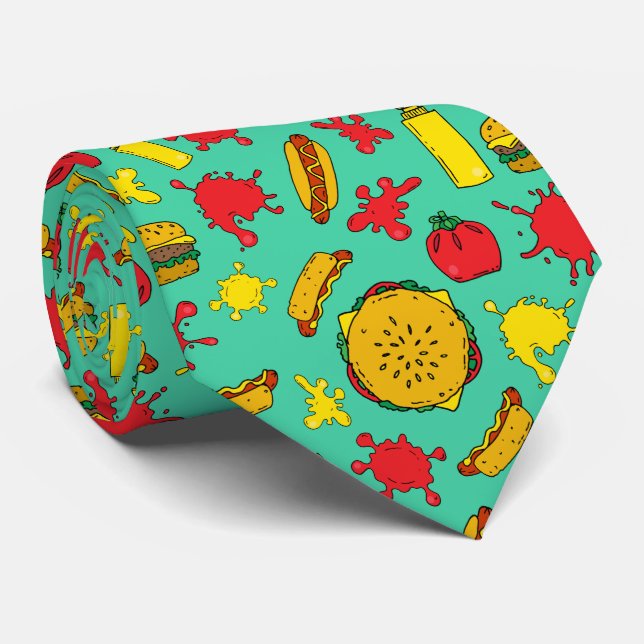 Hamburgers and Hot Dogs Fast Food Teal Neck Tie (Rolled)