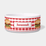 Hamburgers On Red Gingham With Custom Text<br><div class="desc">Destei's illustration of a hamburger that has a sesame seed bun that is filled with cheese, lettuce, beef, tomato, ketchup and pickles. The background has a red and white color gingham pattern. The top and bottom have red thin border lines. There is also a personalizable text area for a name...</div>