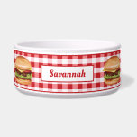 Hamburgers On Red Gingham With Custom Text Bowl<br><div class="desc">Destei's illustration of a hamburger that has a sesame seed bun that is filled with cheese, lettuce, beef, tomato, ketchup and pickles. The background has a red and white color gingham pattern. The top and bottom have red thin border lines. There is also a personalizable text area for a name...</div>