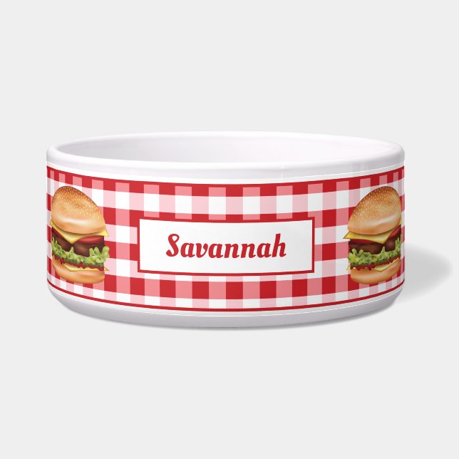Hamburgers On Red Gingham With Custom Text Bowl (Front)