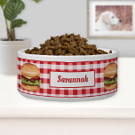 Hamburgers On Red Gingham With Custom Text Bowl<br><div class="desc">Destei's illustration of a hamburger that has a sesame seed bun that is filled with cheese, lettuce, beef, tomato, ketchup and pickles. The background has a red and white color gingham pattern. The top and bottom have red thin border lines. There is also a personalizable text area for a name...</div>