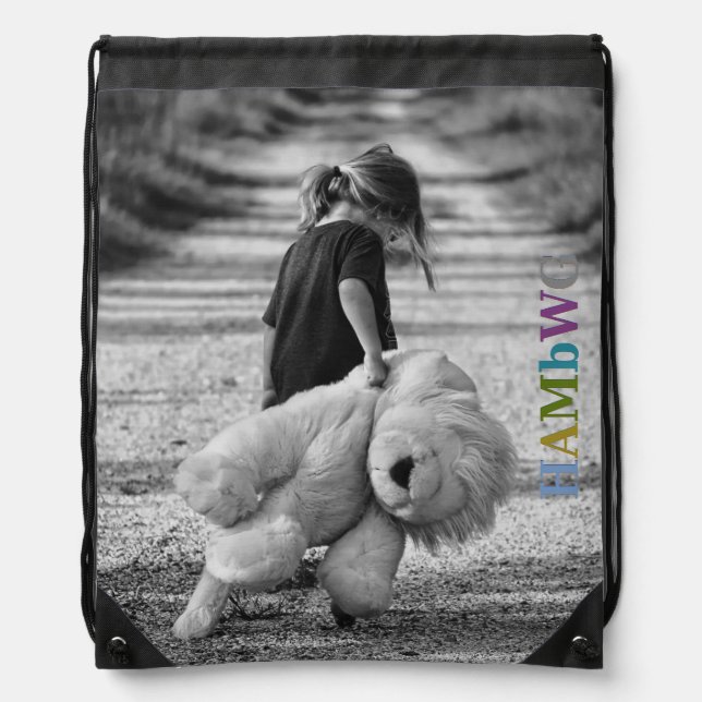 HAMbWG - Little Girl Dragging a Big Teddy Bear Drawstring Bag (Front)