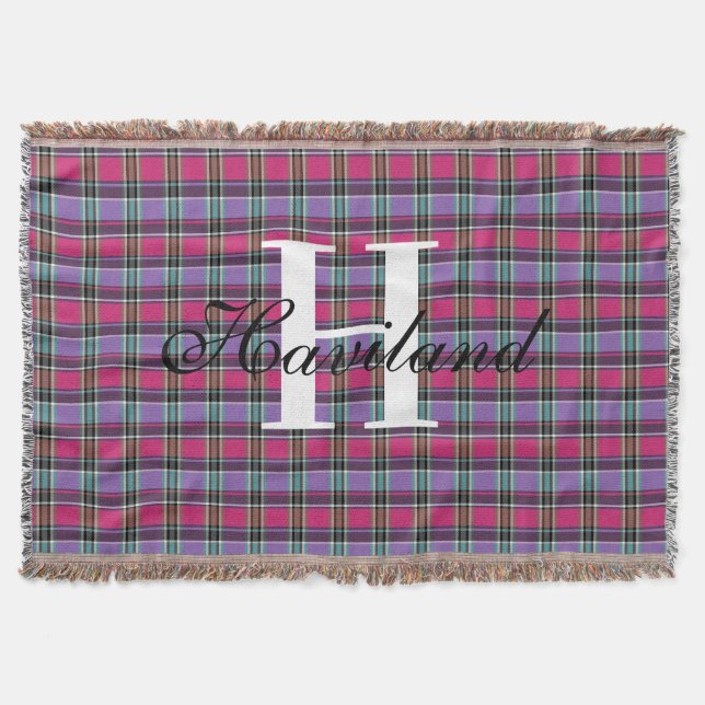 HAMbyWG Any Color Monogram on Pink Plaid Throw Blanket (Front)