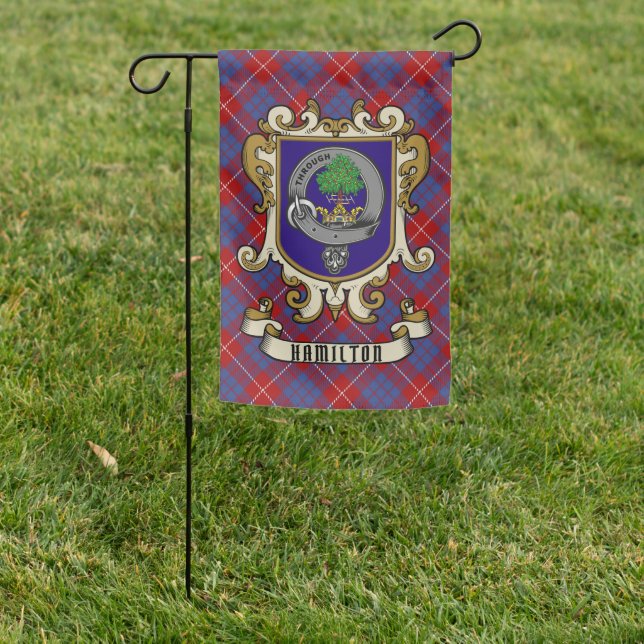 Hamilton Clan Badge & Tartan Personalized  Garden Flag (In SItu)