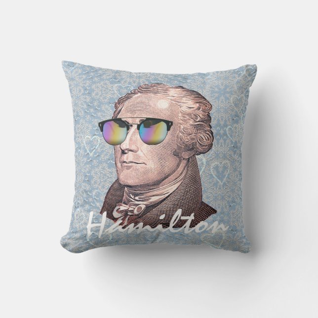 Hamilton in Shades on Blue Lace & Heart Background Throw Pillow (Front)