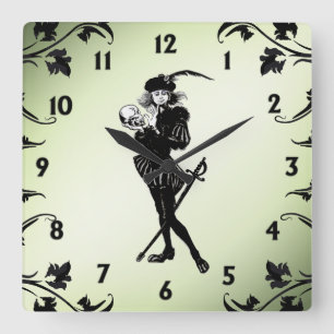 Hamlet The Bard Green Black Numbers Square Wall Clock