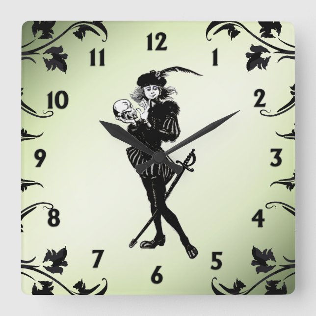 Hamlet The Bard Green Black Numbers Square Wall Clock (Front)
