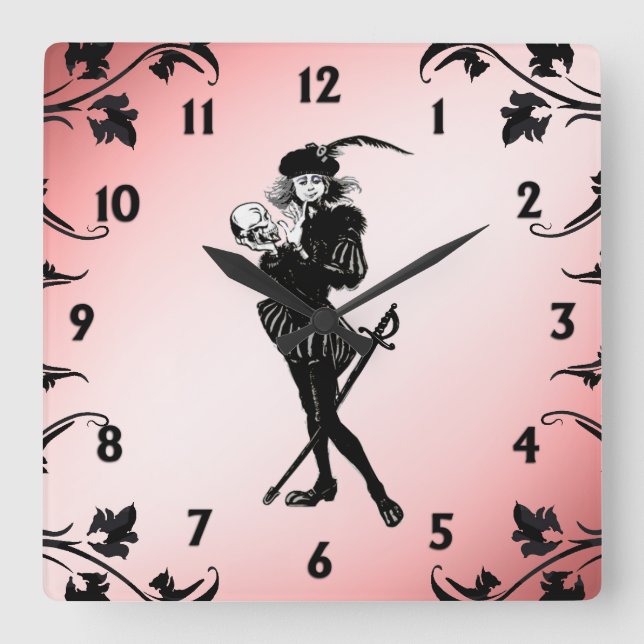 Hamlet The Bard Pink Black Numbers Square Wall Clock (Front)