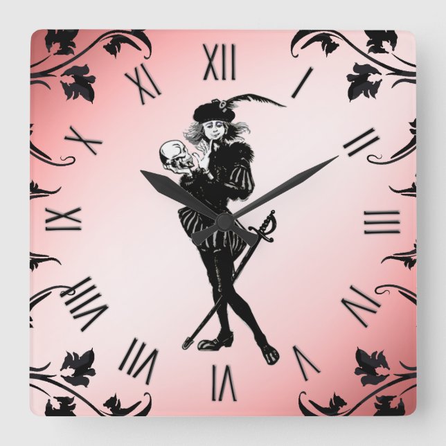 Hamlet The Bard Pink Roman Numerals Square Wall Clock (Front)